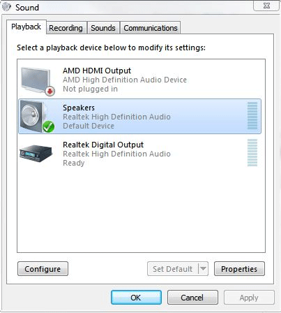Windows 7 Playback Devices, Default Device